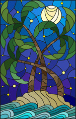 Illustration in stained glass style with a tropical sea landscape, coconut trees  on the sandy beach on the background of starry sky, sea and moon