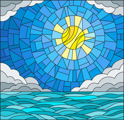 Obrazy na Szkle  Ilustracja w stylu witrażu z morskim krajobrazem, morzem, chmurą, niebem i słońcem