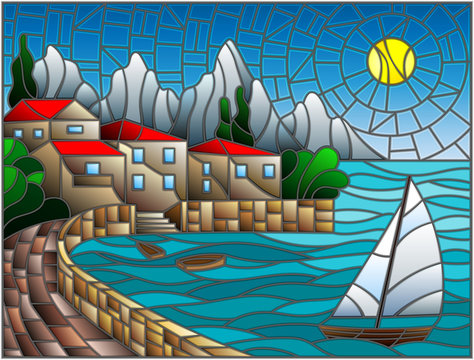 The illustration in stained glass style painting with a sailboat on the background of the Bay with city, sea and sun of the day sky