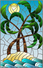 Obrazy na Szkle  Ilustracja w stylu witrażu z tropikalnym morskim krajobrazem, drzewami kokosowymi na piaszczystej plaży na tle słonecznego nieba