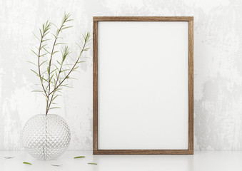 Vertical frame poster mock up with green plant in vase white stucco wall background. 3d rendering.