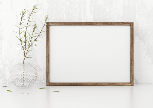 Horizontal frame poster mock up with green plant in vase white stucco wall background. 3d rendering.