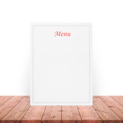 Blank Menu paper notepad on wooden table top at white wall,Template mock up for adding your design.