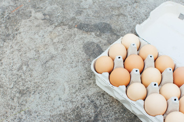 A paper tray with chicken eggs lies on a concrete table. Open space for your text, daylight.