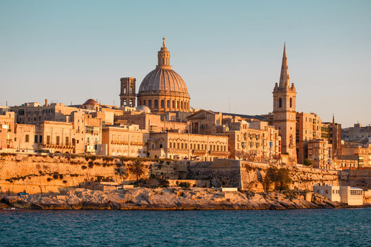Valletta cityscape closeup at sunset, Malta, EU