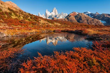 Wall murals Fitz Roy The autumn reflection of the Monte Fitz Roy (Cerro Chalte) - the peak located in Patagonia in the border area between Argentina and Chile, the view from the trail in the National Park of Los Glaciares