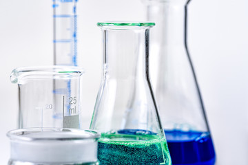 Laboratory Glassware, Green and Blue Liquid in Erlenmeyer Flasks