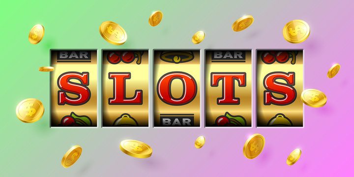 Slot machine gambling game casino banner with Slots inscription and flying winning coins around
