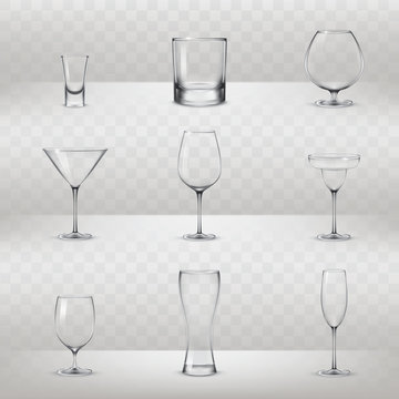 Set of vector illustrations of glasses for alcohol and other drinks in a realistic style