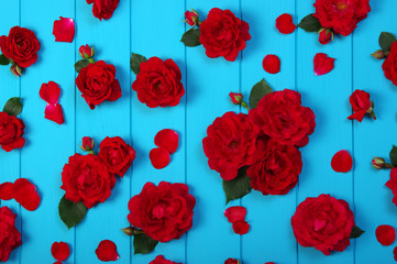 Fototapeta na wymiar Red roses flowers on blue wood.