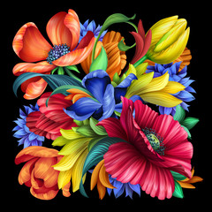 Obrazy na Szkle  ilustracja botaniczna kwiatowa, bukiet dzikich polnych kwiatów, izolowana na czarnym tle, czerwony mak, niebieski chaber, żółty tulipan, wzór chustki