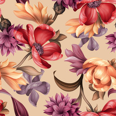 seamless floral pattern, wild red purple flowers, botanical illustration, colorful background,...