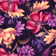 seamless floral pattern, wild red purple flowers, botanical illustration, colorful background,...