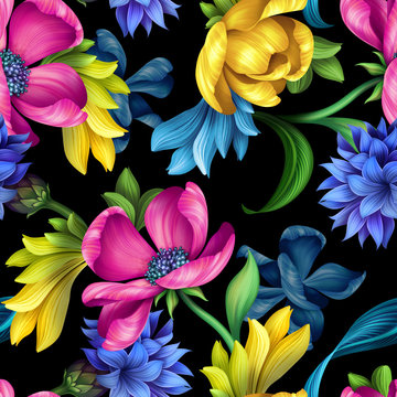 seamless floral design, wild flowers background, botanical illustration