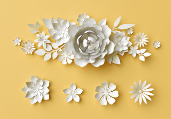 3d render, abstract paper flowers, bridal bouquet, decorative floral design elements, sunny yellow background