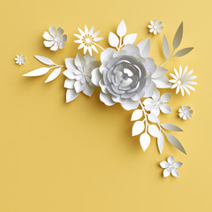 render, abstract paper flowers, decorative corner, sunny yellow background, greeting card template, floral craft design elements