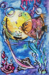 Fishes in sea water, original watercolor
