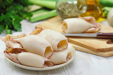 Boiled squids on plate