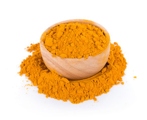 turmeric powder in bolw on white background. top view