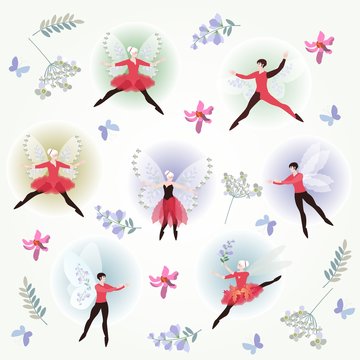 Summer card with ballet dancers, beautiful flowers and butterflies. Fairy tale illustration.