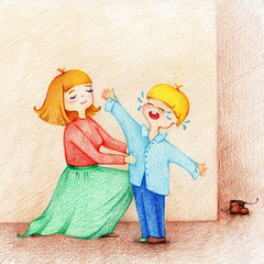 hands drawn picture of mother dressing her little son that is crying and screaming by the color pencils