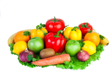 Fresh vegetables and fruits on isolated background. Tomato, pepper, carrots, onions, kiwi, lemon, orange, apple