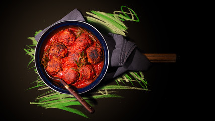 meatballs in tomato sause in pan with illustration