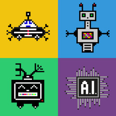 Flat set with pixel robots and processor