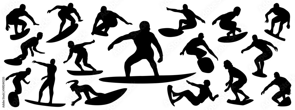 Wall mural surfing silhouette, vector set of surfer silhouette, surf vector pack