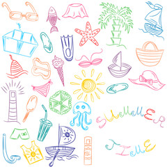 Summer Time. Hand Drawings of Summer Vacancies Symbols. Colorful Doodle Boats, Ice cream, Palms, Hat, Umbrella, Jellyfish, Cocktail, Sun. Vector Illustration.
