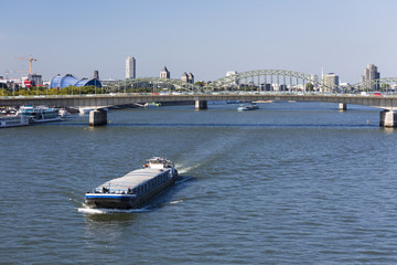 Fototapeta premium Ship On Rhine River in Cologne, Germany
