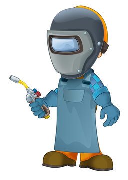 cartoon construction worker in some additional safety cover welder in mask with a tool