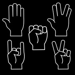 Set of linear icons of hands. White on black background. Fist, stop, victory, etc. Vector.
