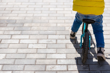 Back view on cute toddler boy riding his bike. Child on bicycle in the park.