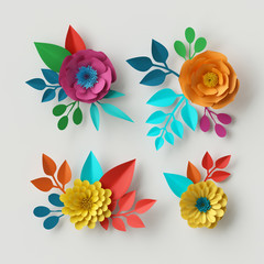 3d render, digital illustration, vivid paper flowers, decorative floral design elements, clip art set, festive decor, isolated on white background