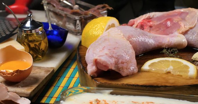 Dolly close up view of ingredients for a delicious Caesar's salad