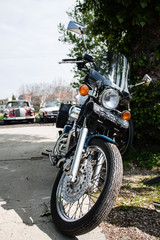 Fototapeta na wymiar Gorgeous classic blue cruiser motocycle with amazing sound