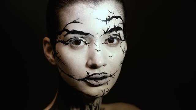 Fashion close-up portrait of model female with a amazing creative make-up. Painted muah silhouettes.