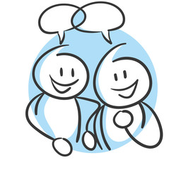 Blaue Strichfiguren arbeiten gemeinsam in einem Team und haben die gleichen Vorstellungen