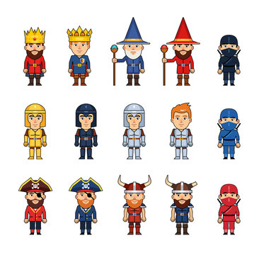 Set of diverse medieval fantasy characters. Funny figures of king, prince, wizard, ninja, knight, crusader, pirate and viking. Simple style vector illustration