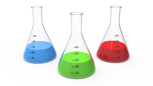 3D rendering illustration chemistry bulb with a green, red, blue liquid