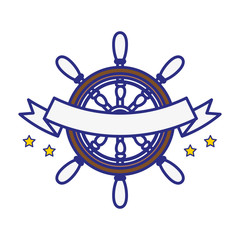 emblem with rudder wheel and decorative ribbon icon over white background. sea lifestyle concep. vector illustration