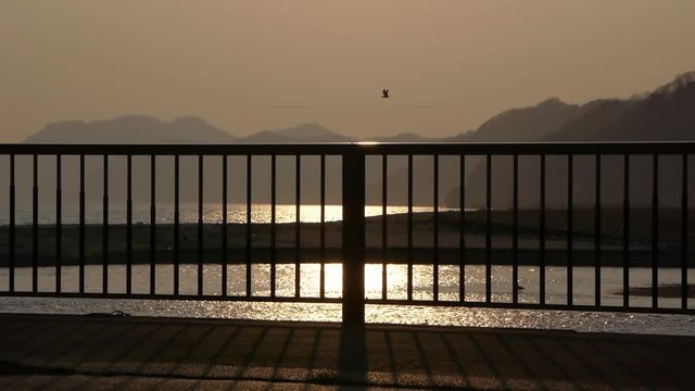 夕日の河口とカモメ　北海道ヌッキベツ川