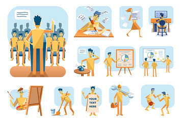 Set of cartoon paper people posing in diverse situations, showing various occupations. Paper man at meeting, talking on phone, painting, washing and doing other actions. Simple vector illustration