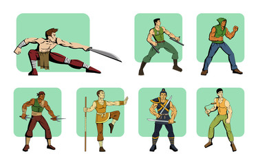 Set of diverse warriors illustrations. Board game characters, martial art master, fighter. Vector illustration