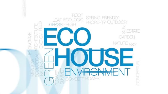 Eco house animated word cloud, text design animation. Kinetic typography.