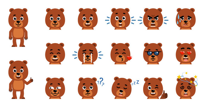Set of cartoon teddy bear emoticons. Funny bear cub avatars showing diverse facial expressions. Happy, sad, smile, laugh, surprised, serious and other emotions. Flat style vector illustration