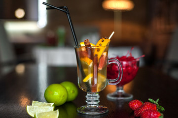 Selection of best selling drinks beer glass of wine cocktails martini mojito and shot short bar blurred background