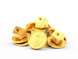Three golden houses on a pile of coins isolated on a white background. 3D illustration