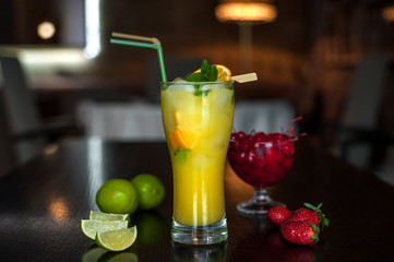 Selection of best selling drinks beer glass of wine cocktails martini mojito and shot short bar blurred background